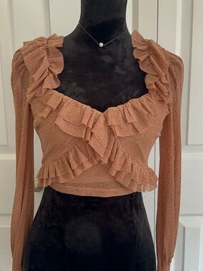 privy Ruffled Long-Sleeve Crop Top - Rust Brown